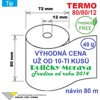Kotouček do pokladny a tiskárny štítků Termo kotouček 80/80/12 PHF 80m (80mm x 80m) Množství: 1 ks kotoučku 40,70 Kč bez DPH od 40-ti kusů DOPRAVA ZDARMA
