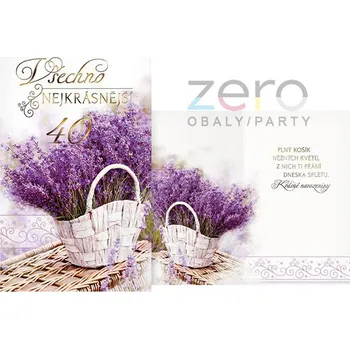 Přání s textem narozeninové 40 + obálka - levandule v košíku
