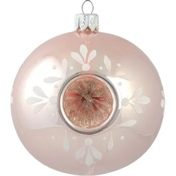 Vánoční dekorace Baňka růžová s dekorem bílých kvítků s reflektorem