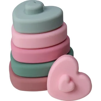 Hračka pro nejmenší Label Label Silikonová stohovací věž Srdíčka, růžová