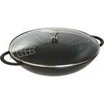 Pánev Wok se skleněnou poklicí 37 cm černá - STAUB (Litinový Wok s poklicí černá 37 cm - STAUB)