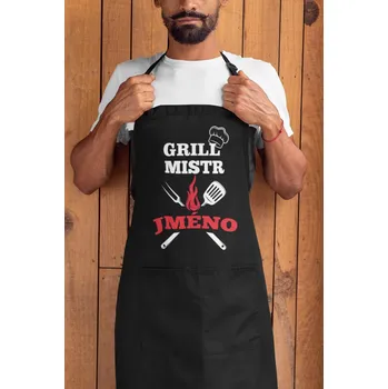 Kuchyňská zástěra MMO Zástěra - Gril mistr s vlastním jménem Černá