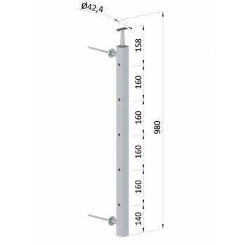 Zábradlí KOVIAN, s.r.o. Nerezový sloup na francouzský balkón, boční kotvení, 5 dírový, průchozí, vrch pevný, (40x40x2.0 mm), broušená nerez K320 /AISI304