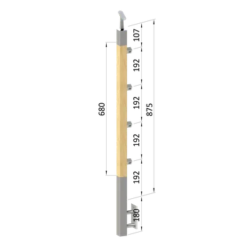 Zábradlí KOVIAN, s.r.o. dřevěný sloup, boční kotvení, 4 řadový, průchozí, vnitřní, vrch nastavitelný (40x40mm), materiál: buk, broušený povrch bez nátěru