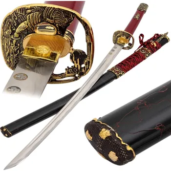 Replika zbraně Katana Shimazu červená dřevěná tsuka, červená saya