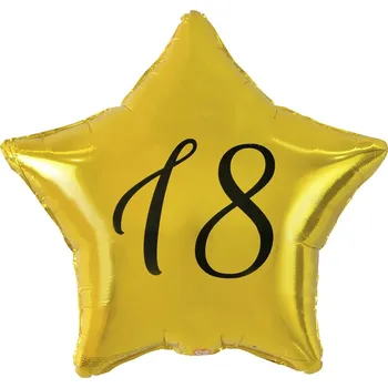 Fóliový balónek Číslo 18 zlatá hvězda, černý potisk, 19 palců