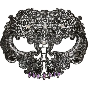 Karnevalová maska Černá krajková škraboška ve tvaru lebky zdobená štrasem a drahokamy