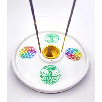 Vonná tyčinka Mani Bhadra Mani Bhadra Stojánek na vonné tyčinky a kužely TREE OF LIFE/FLOWER OF LIFE (bílý), Ø 15 cm