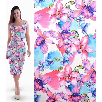 Kostýmová elastická látka Barbie v bílé barvě s digitálním potiskem květin CSA013