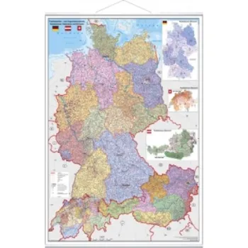 Stiefel Wandkarte Großformat Deutschland, Österreich und Schweiz, Postleitzahlen- und Organisationskarte, mit Metallstäben – (DE)