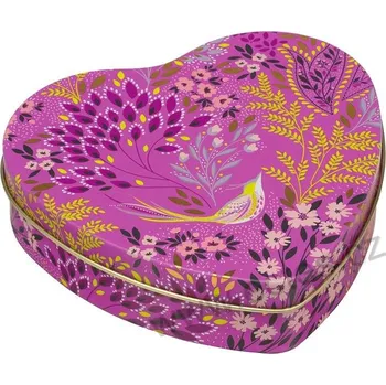 Dóza na potraviny MAUVE SONGBIRD fialová plechová dóza srdce na čokoládu 2482 ptáček a zlaté lístky a květy