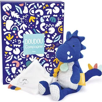 plyšák Doudou Dárková sada - Plyšový dinosaurus s dečkou 25 cm modrý
