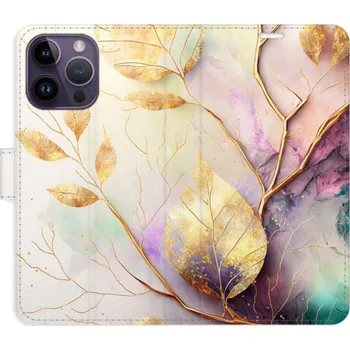 Pouzdro na mobilní telefon Flipové pouzdro iSaprio - Gold Leaves 02 - iPhone 14 Pro Max