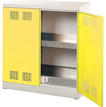 Skříň pro chemikálie, dvoudvéřová, spodní záchytná vana + 1 vanová police, š x h x v: 950x500x1000 mm, dveře žluté RAL1023