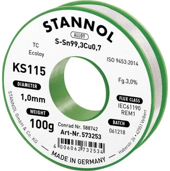 Cívka Stannol KS115 bezolovnatý pájecí cín cívka Sn99,3Cu0,7 ROM1 100 g 1 mm