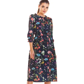 Dámské šaty Midi šaty s 3/4 rukávy květované M201 Barva: Tmavě Modrá, Velikost: S