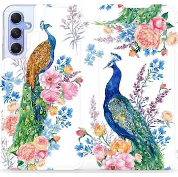 Pouzdro na mobilní telefon Flipové pouzdro Mobiwear - Samsung Galaxy A34 5G - MX08S Pávi (Knížkové flip pouzdro, obal, kryt na mobil Samsung Galaxy A34 5G - MX08S Pávi, materiál Umělá kůže + TPU - ochrana 360°, stojánek, silikonová vanička, magnetické zavírání)