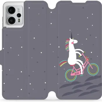 Pouzdro na mobilní telefon Flipové pouzdro Mobiwear - Motorola Moto G23 - V024P Jednorožec na kole (Knížkové flip pouzdro, obal, kryt na mobil Motorola Moto G23 - V024P Jednorožec na kole, materiál Umělá kůže + TPU - ochrana 360°, stojánek, silikonová vanička, magnetické zavírání)