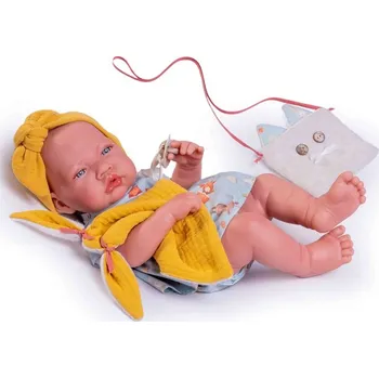 Panenka Miminko holčička v modrých šatech, s kapsičkou pro "malou maminku" od firmy Antonio Juan ze Španělska (Recién Nacida primavera con bolsito para ti)