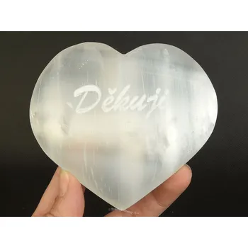 Svatební dekorace Selenit bílý srdce s nápisem Děkuji cca 10cm