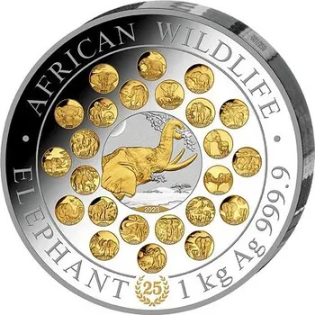 Exkluzivní stříbrná mince 2000 Shillings Elephant (Slon africký) 1 kg 2023 - 25. výročí (African Wildlife Series) Gilded PROOF