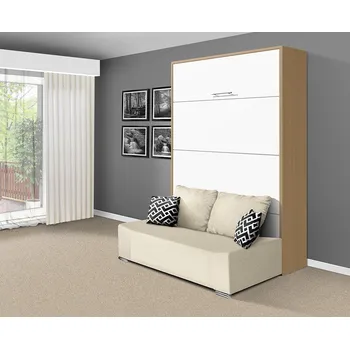 Postel Nabytekmorava Sklápěcí postel s pohovkou VS 21058P, 200x140 cm barevné kombinace: Buk / dveře bílé, barva pohovky: Savana krémová