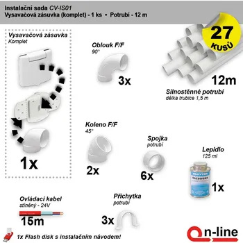 Vysavač Instalační komplet rozvodů centrálního vysávání - zásuvka (1 ks), potrubí (12 m), potrubní díly (27 dílů). (Cenově zvýhodněný instalační balíček potrubních rozvodů centrálního vysávání obsahuje: Vysavačová zásuvka (1 ks), potrubí: (12 m), potrubní díly (2