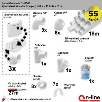 Vysavač Instalační komplet centrálního vysávání - zásuvka (3 ks), potrubí (18 m), potrubní díly (55 dílů). (Cenově zvýhodněný instalační balíček potrubních rozvodů centrálního vysávání obsahuje: Vysavačová zásuvka (3 ks), potrubí: (18 m), potrubní díly (55 ks),)