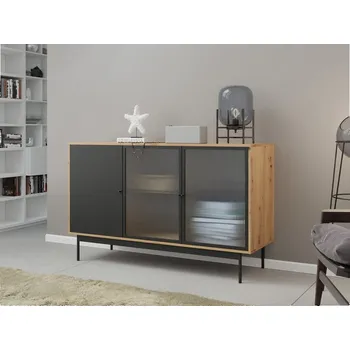 Obývací stěna Vitrína Brulpin 3D, Osvětlení: osvětlení LED - bílé, Barva dřeva: dub artisan / černý MIRJAN 5903211277979