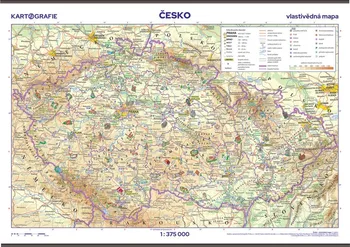 Česko: Vlastivědná školní nástěnná mapa 1:375 000 - Kartografie PRAHA (2024, laminovaná s dřevěnými lištami)
