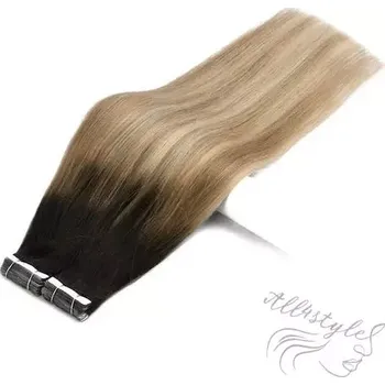 Příčesek Vlasové PU pásky tape in na prodlužování vlasů 40cm ombré balayage 02/27/60 - tmavě hnědá / tmavá blond / platina