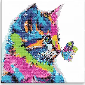 Diamantové malování Diamantové malování - Koťátko s motýlem v barvách - 40x40 cm, bez dřevěného rámu - CZ výroba