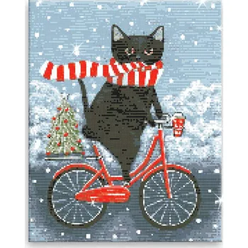 Diamantové malování Diamantové malování - Na kole s kocourem o Vánocích - 40x50 cm, bez dřevěného rámu - CZ výroba