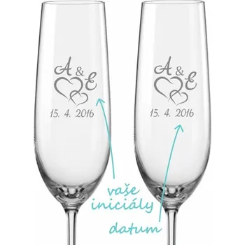 Sklenice Svatební skleničky na sekt Spojená srdce s monogramy, 2 ks