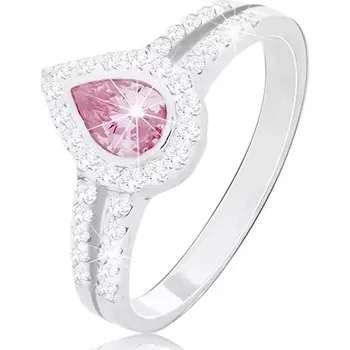 Prsten Zásnubní prsten ze stříbra 925, růžová kapka mezi dvěma liniemi zirkonků - Velikost: 54