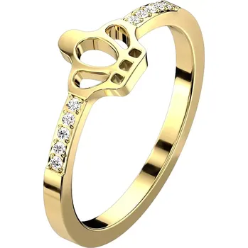 Prsten Prsten z oceli 316L zlato - korunka, čirý zirkon, úzká ramena - Velikost: 57