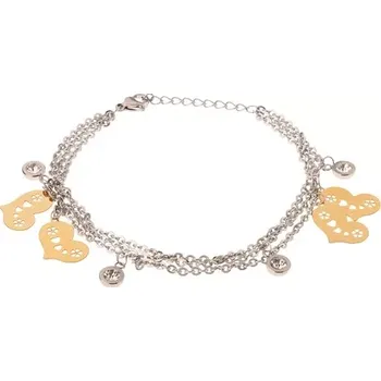 Náramek Náramek na ruku z oceli - trojitý řetízek, plochá zlatá srdíčka, zirkony