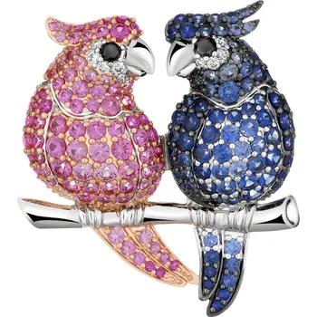 Brož Brož z bílého a růžového zlata s brilianty a barevnými safíry - papoušci - ryzost 750 - 220.690