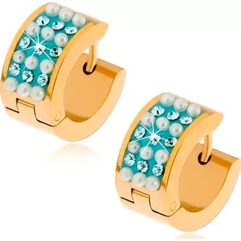 Náušnice Ocelové náušnice zlaté barvy, bílé kuličky a tyrkysové zirkony