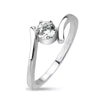 Prsten Ocelový prsten - ohnutá ramena držící okrouhlý čirý zirkon - Velikost: 49