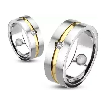 Prsten Prsten z oceli se zlatou linií a vsazeným zirkonem - Velikost: 49