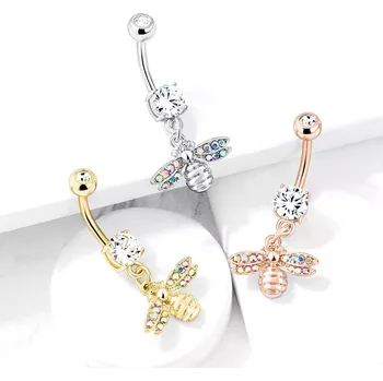 Piercing Piercing do pupíku z oceli - včela s duhovými krystalovými křídly, čirý krystal v kotlíku - Barva: Měděná