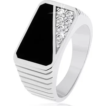 Prsten Prsten ze stříbra 925, svislé zářezy, obdélník - černá glazura, čiré zirkony - Velikost: 66