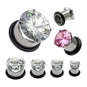 Piercing Tunel plug do ucha z chirurgické oceli se zirkonem a gumičkou - Tloušťka : 8 mm, Barva piercing: Černá