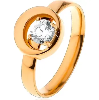 Prsten Prsten z oceli 316L ve zlatém odstínu, kulatý čirý zirkon v kruhu s výřezem - Velikost: 52