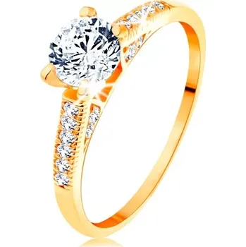 Prsten Zlatý prsten 585 - třpytivá ramena, vyvýšený kulatý zirkon čiré barvy - Velikost: 48