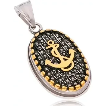 Přívěsek Ocelový přívěsek, ovál s černými zirkony, okrajem a kotvou zlaté barvy