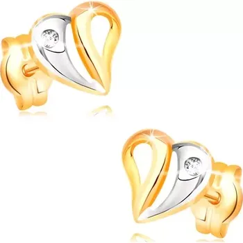 Náušnice Briliantové náušnice ve žlutém a bílém 14K zlatě - srdce s výřezy a diamantem