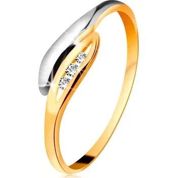 Prsten Zlatý diamantový prsten 585 - dvoubarevné zahnuté lístečky, tři čiré brilianty - Velikost: 50