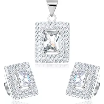 Náušnice Stříbrný set 925, náušnice s přívěskem, zirkonový obdélník, dvojitá obruba